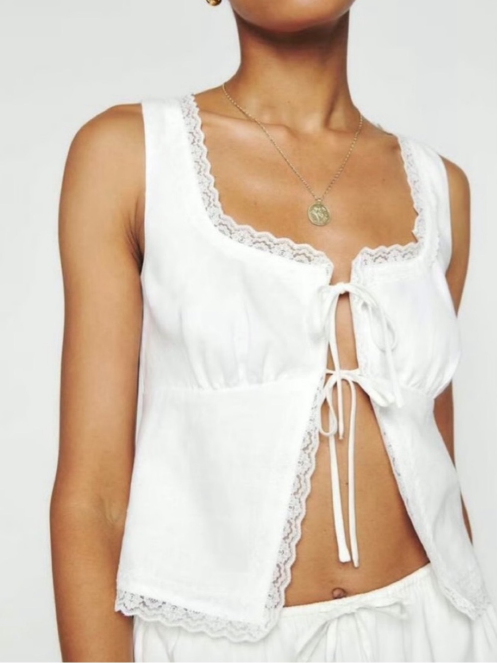 Reformation Rosalie White Lace Trimmed Linen Top Mila Shorts Set